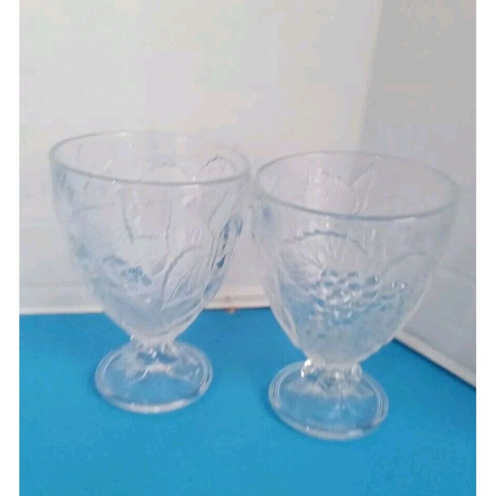 2 Pasabahce Fruit Embossed Heavy Pressed Glass‎ Water Goblets Made In Turkey